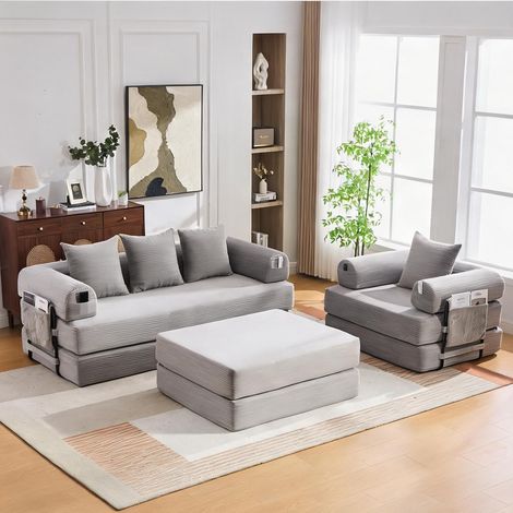 Sofa modulaire 4 places en velours côtelé gris avec pouf inclus (1/5)