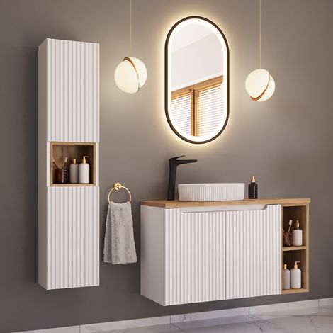 Conjunto mueble lavabo individual 100cm 2 puertas 2 compartimientos y columna Riva Blanco y Madera (1/4)