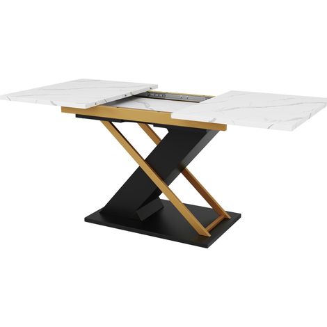 Table à manger extensible 120-160 x 80 cm en MDF avec pieds croisés noirs et détails or (1/5)
