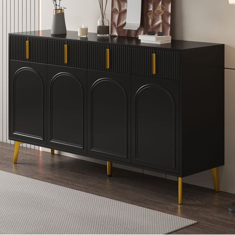 Buffet 140 x 38 x 82 cm avec 4 portes et 4 tiroirs, MDF noir, poignées et pieds dorés HAVRYA (1/5)