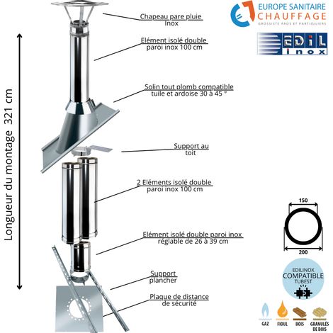 Edilinox – Kit conduit double paroi isolé sortie toiture – Diamètre 150 mm – Longueur montage 321 cm – Isolation laine de roche haute densité - Ediliso25