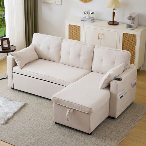 Canapé d'angle réversible,Canapé-Lit avec Rangement,Tissu Coton/Lin,211×130×86cm, Beige