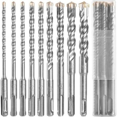 Foret béton SDS , 9pcs foret carrelage, foret Coffret de mèches et burins pour un perforateur , Forets Transversaux Pour Béton, Brique, Pierre, Naturelle, Métal (1/4)