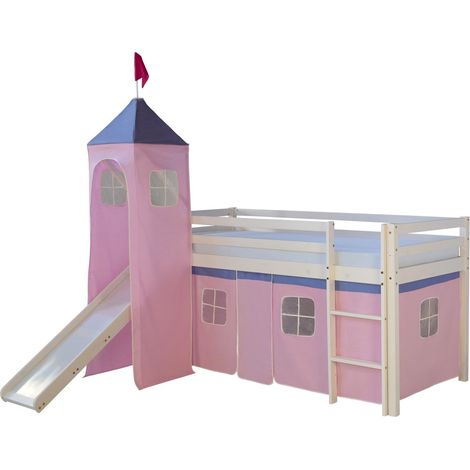 Lit mezzanine 90x200cm avec échelle toboggan en bois blanc et toile rose incluse LIT06153 (1/5)