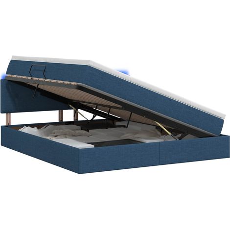 Lit de rangement LED bleu 160 x 200 cm avec matelas et surmatelas, tête de lit réglable, tissu, rangement sous le lit (1/5)