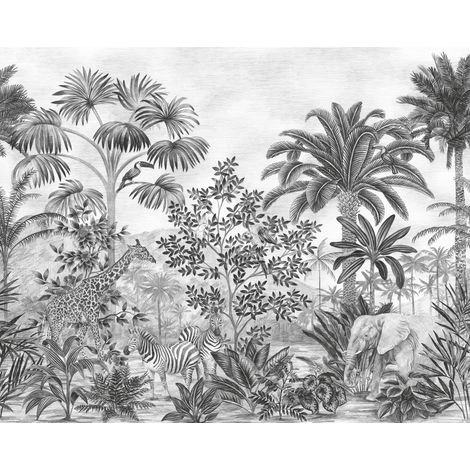 Papier peint panoramique méditerranéen – Design jungle avec zèbre, rhinocéros et girafe – Largeur 350 cm, hauteur 280 cm – Intissé, impression numérique – Komar (1/5)