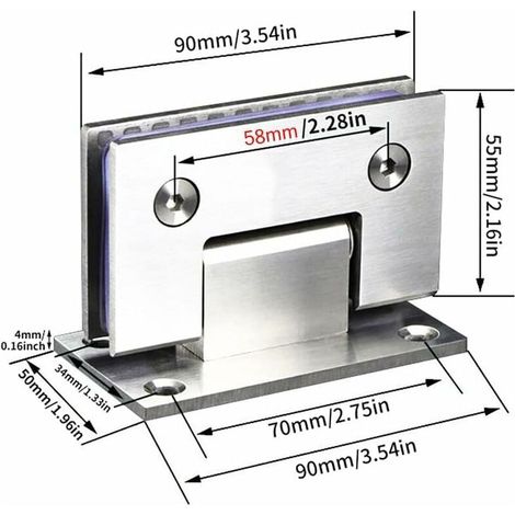 Charnière de porte de douche à 90 degrés, acier inoxydable 304, adaptée au verre de porte de salle de bain (argent brossé 2 pièces) (1/3)