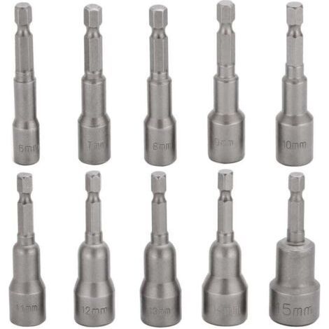 10 Pcs Embout Douille Visseuse à Choc 6-15mm Set Magnétique Hexagonale Douille Jeu de Embout Aimanté Perceuse Prise Hexagonale douille Set 1/4 Pouce pour Mandrin à Changement Rapide (1/4)