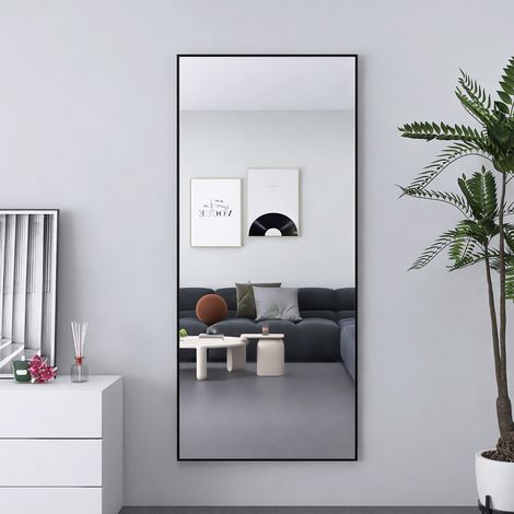 Miroir sur Pied Pleine Longueur 180x80cm, Rectangulaire, Miroir pleine longueur, verre trempé, Miroir Mural & Autoportant pour Salon, Entrée, Chambre, Dressing, Noir (1/5)