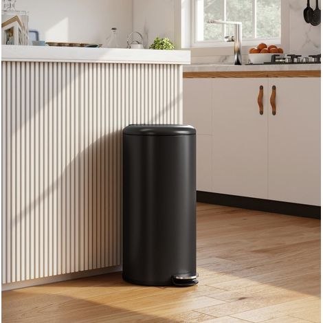 Papelera de pedal 30 L con tapa de cierre suave, metal negro, 36 x 30 x 63,5 cm (1/5)