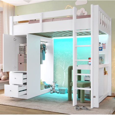 Cama alta 204.5x106.9x172.5 cm con escritorio integrado, 4 cajones, armario abierto, LED y USB, madera maciza y MDF blanca (1/5)