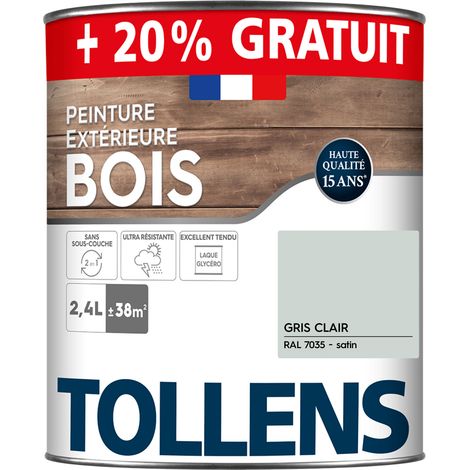 Tollens – Peinture bois extérieur 2 en 1 ultra résistante satin gris clair RAL 7035 2L – Rendement 38m² – Application directe sur boiseries extérieures