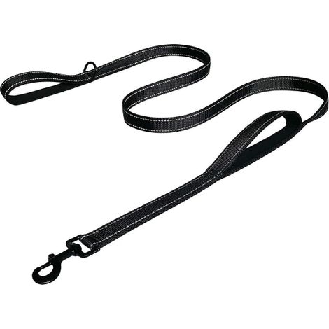 Laisse réfléchissante pour chien, 1,8 mètre, deux poignées rembourrées, double laisse de contrôle, poignée noire (1/5)