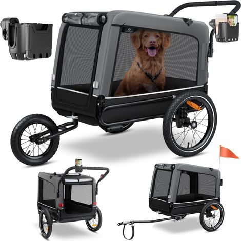 KESSER® remorque pour chien Boxer 3-en-1 buggy pour chien & jogger remorque pour vélo grand volume env. 240 litres à suspension Matériel : 600D Oxford Canvas Gris (1/5)