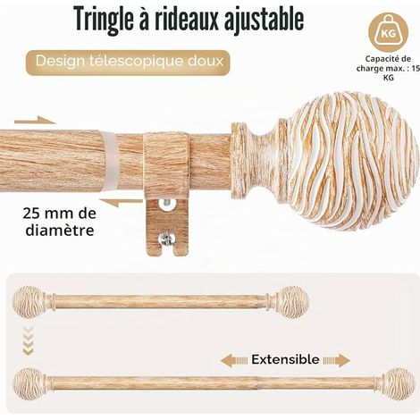 Extendable Curtain Pole 76-219 cm Diameter 25 mm Wood Look Wall or Ceiling Mounting for Living Room, Bedroom and Patio, Brown (1/2)