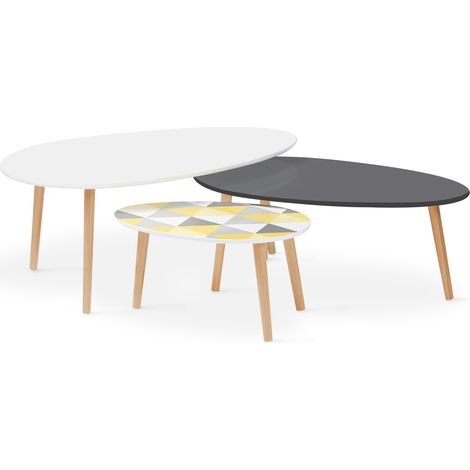 Set di 3 tavolini da salotto GIGI, laccati bianco/grigio/grafici (1/4)