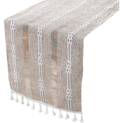 1 Chemin de table, Coton et chanvre, Style bohème rustique, Pompons brodés, Pour mariage et fête (1/5)