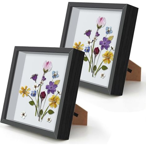 Lot de 2 cadres 3D profonds 20x20cm, pour décoration murale de bureau avec fleurs séchées (noir) (1/5)