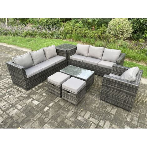 Fimous Wicker PE Rattan Sofa Set Outdoor Patio Garden Furniture with Armchair Oblong Coffee Table Side Table 2 Small Footstools Dark Grey Mixed (1/5)