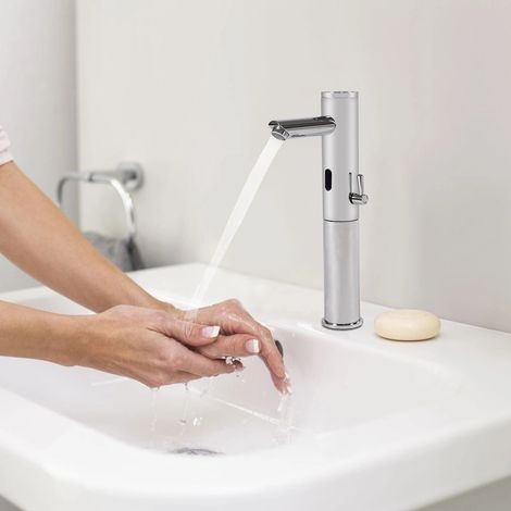 Automatischer Sensorhahn Messing verchromt, Elektronischer Sensorhahn Berührungslos Wasserhahn, für Haus, Hotel, Bürogebäude, Badezimmer, Toilette 34.5 16cm (1/5)