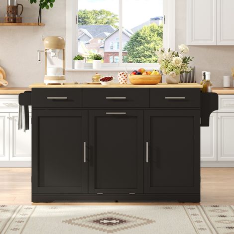 Isla de cocina móvil con extensión, 3 cajones, enchufe y USB, negro y madera natural DESVIAE (1/5)