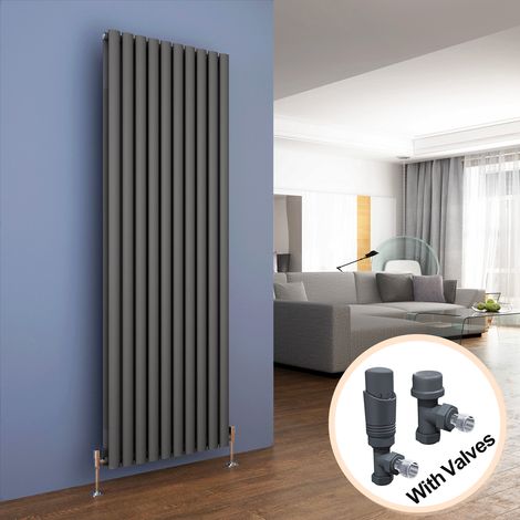 ELEGANT Vertical Radiator 1800 x 590mm Double Panel Designer Anthracite Oval Column Heating Rad with Thermostatic Radiator Valves (1/5)