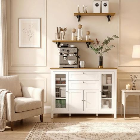 Buffet vaisselier 120 x 40 x 90 cm blanc avec plateau effet bois, portes en verre, 2 tiroirs, étagères ajustables, charge 60 kg salon (1/5)