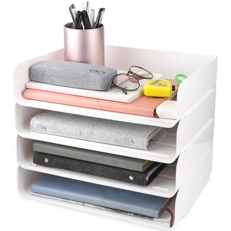 Stackable Letter Trays, 4-Tier Desk Organizer, Letter Trays, Filing Tray for A4 Paper, Stackable Desk Organizer (White) (1/5)