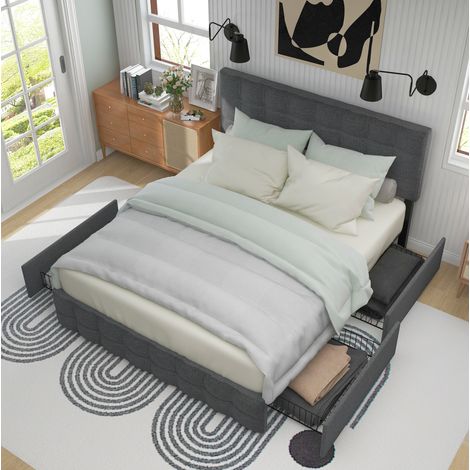MEUBLIV Bett 140x200 cm Grau – 4 Schubladen und verstellbares Kopfteil, ohne Matratze (1/5)