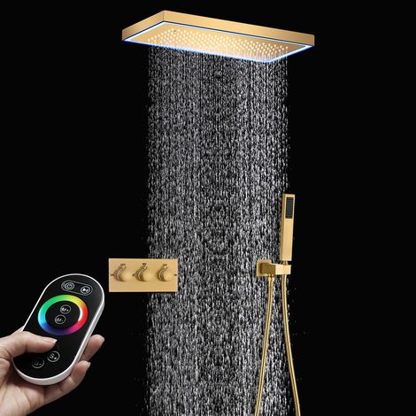 Columna ducha,Rociador musical LED de 400x200mm y 64 colores,Sistema de ducha de cuerpo completo,Juego de ducha de lluvia de techo,Válvula de ducha de 2 funciones,Rociador de mano (Oro cepillado)