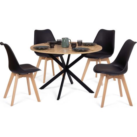 Tavolo da pranzo rotondo ALIX 110 cm in legno e nero e set di 4 sedie SARA nere