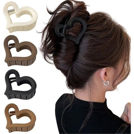 4 Haarspangen für Damen – 6,5 cm – Herzförmig – Haifischförmig – Schwarz / Weiß / Hellbraun / Dunkelbraun (1/5)