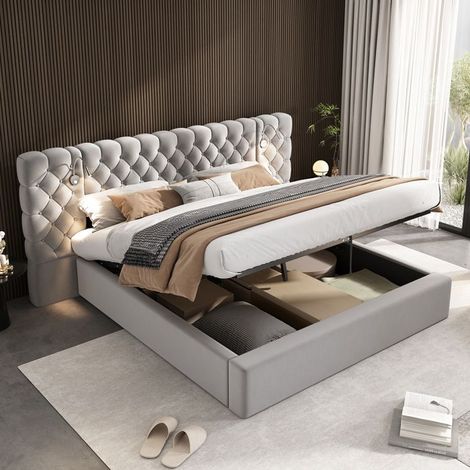 Lit coffre rembourré 180x200 cm velours gris avec LED, sommier à lattes et tête de lit – sans matelas (1/5)