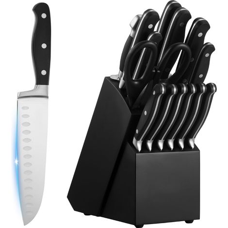 Set 15 couteaux cuisine avec bloc et aiguiseur, acier inoxydable haute carbone, manche incassable, bloc bois, usage polyvalent (1/5)