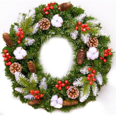 Aiperq Christmas Wreath - 15 inch artificial Christmas door wreath with cotton, red fruits, pine cones Christmas decorations (1/5)