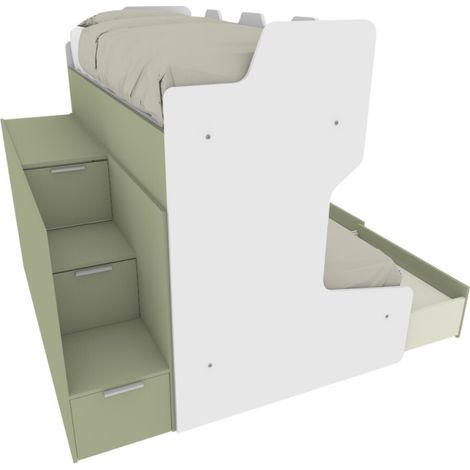 Letto a castello salvaspazio con scala contenitore - 1 Piazza e mezza + singolo - Bianco e Salvia