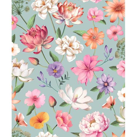 Papier peint floral botanique fond rose poudré