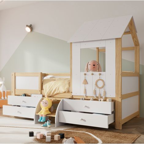 CHICFURN Cama cabaña infantil 90x200 cm de madera blanca y natural con 4 cajones, sin colchón (1/5)