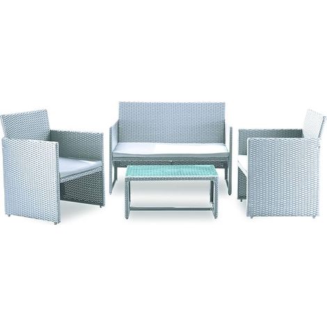 Garden Friend Wohnzimmer Valencia (2 Sessel 1 Sofa 1 Tisch) weißer Polyrattan-Bezug mit grauen Kissen (1/2)