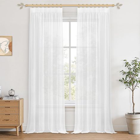 Rideau Transparent pour Rail Plafond sans Œillets 140x260cm (LxH), Rideaux Voilages Blancs Style Bohème, Voilage Léger et Élégant pour Salon, Chambre et Cuisine, 2 Pièces (1/5)