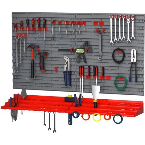 Panneau mural porte-outils DURHAND, ensemble de 54 porte-outils pour atelier, bacs de rangement, crochets, PP, gris et rouge, 95,5 x 23 x 53,5 cm (1/4)