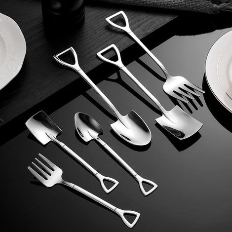 Juego de 6 cucharas y tenedores de acero inoxidable (acero inoxidable 304)，Bonito diseño estilo herramienta de jardín，15 cm