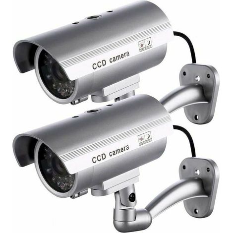 UlisemLot de 2 caméras factices, caméras extérieures factices pour utilisation intérieure ou extérieure, avec forme de balle et LED clignotante, RTGPT (Argent) (1/4)