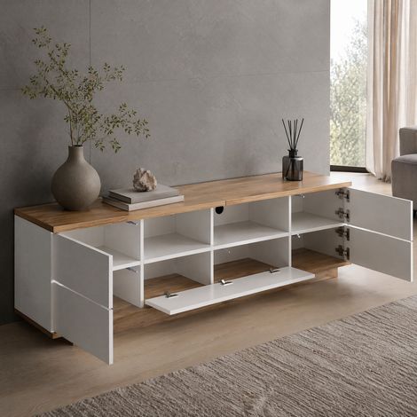 Mueble TV 180x38x46 cm blanco y color madera MDF, 5 puertas y 2 huecos (1/5)