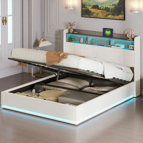 Lit Coffre 160x200 cm, Lit 160x200cm, Lit Double avec LED et Ports USB, Lit Capitonné, Tete de Lit avec Rangement, Système de Levier Hydraulique, Velour, Blanc (1/5)