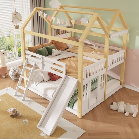 Letto a soppalco per bambini 90x200 cm bianco e naturale in legno con scivolo e scala reversibili (1/5)