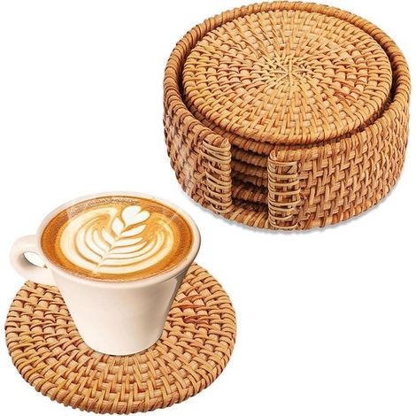 Set di sottobicchieri in rattan con supporto, set da 6 pezzi di sottobicchieri rotondi in vetro e sughero per bevande, tazze e bar, set di sottobicchieri decorativi in legno e vetro (1/5)