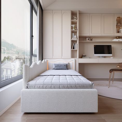 Lit simple coffre 90x200 cm, lit capitonné canapé avec LED, lit enfant, lit rembourrée 90x200 avec sommier, cadre de lit, blanc, velours (1/5)