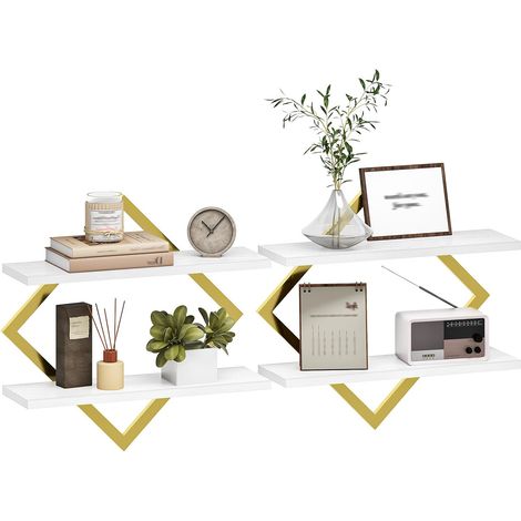 Étagère flottantes, Lot de 2, Étagères murales à 2 Niveaux, Rangements Suspendus avec Cadre métallique losangé, pour Salon, Chambre, Cuisine, Bureau, Blanc et Or (1/5)