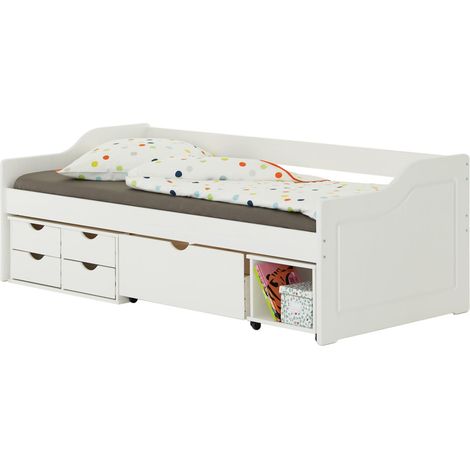 Idimex – Lit fonctionnel avec 4 tiroirs – Structure en pin massif lasuré blanc – Dimensions 90x200 cm – Niche/table de chevet sur roulettes (1/4)